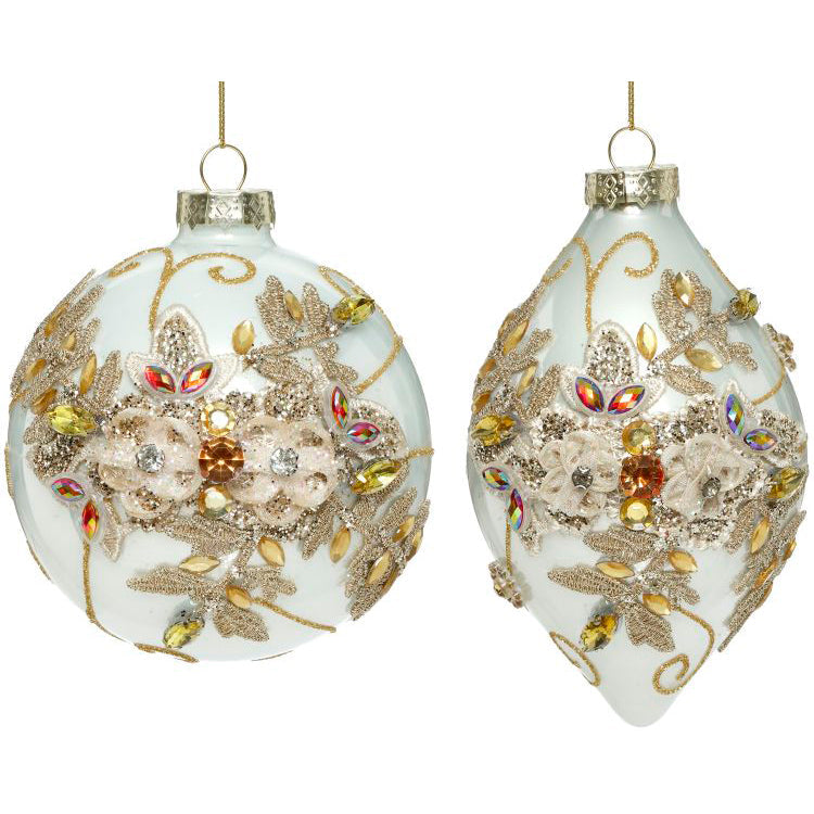 Ivory and Gold Floral Jeweled Ornament Assortment of 2