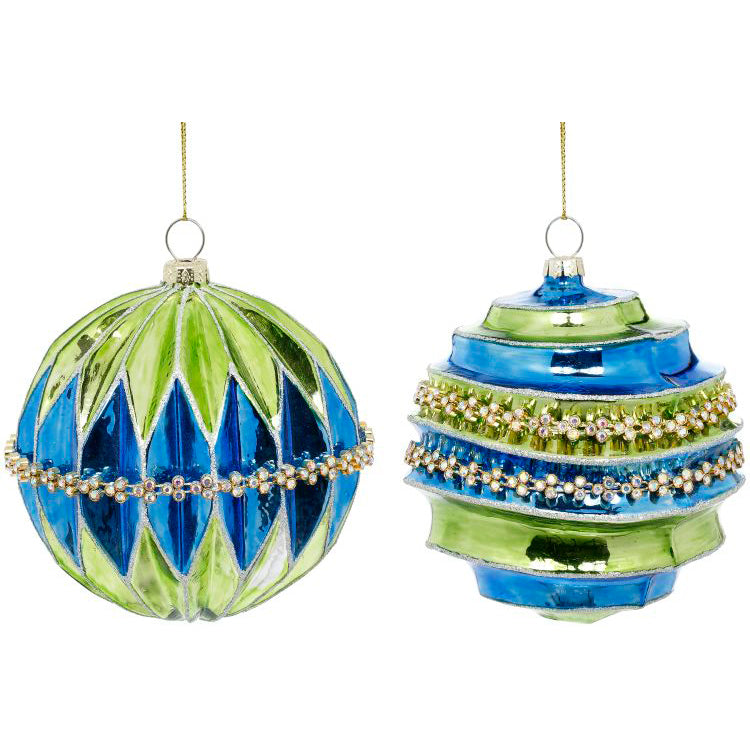 Green and Blue Jeweled Banded Ornament 4 Inches Set of 2