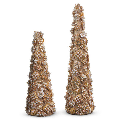 Gold Jewel and Pearl Brooch Cone Trees 17.5" Set of 2