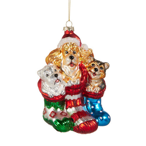 Dogs in Stocking Ornament 5"