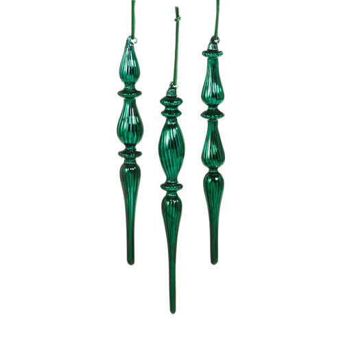Emerald Green Glass Finial Ornament 10.75" Set of 3