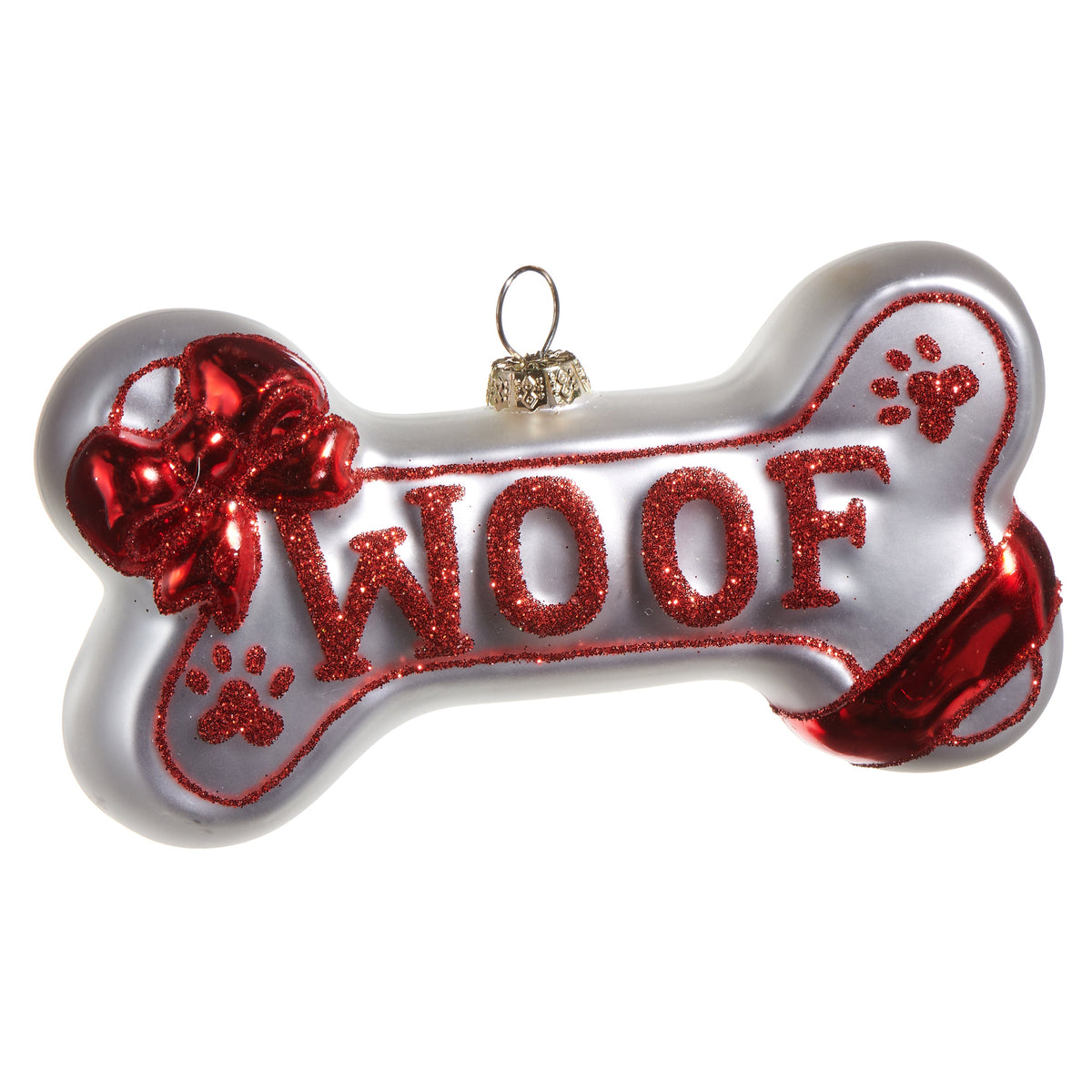 Woof Dog Bone Glass Ornament 5"