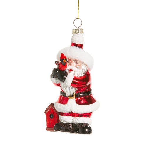 Santa Holding Cardinal Glass Ornament 4"