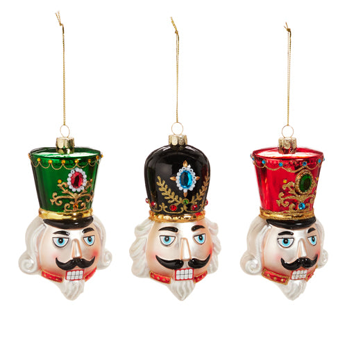 Nutcracker Head Glass Ornament 4.75" Set of 3