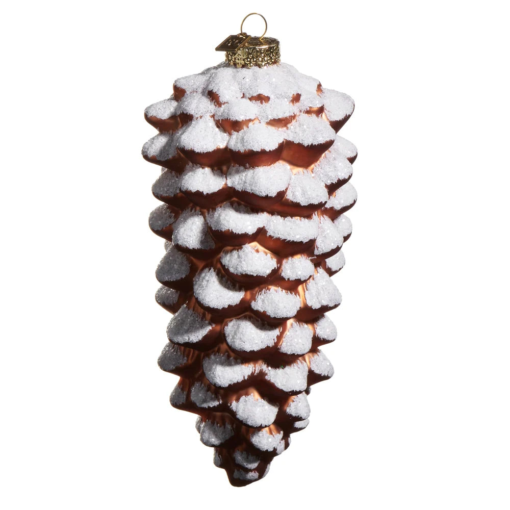Snowy Brown Pinecone Glass Ornament 8"