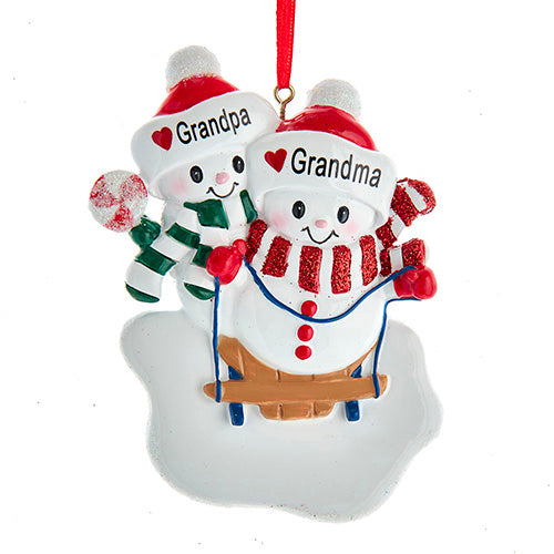 Grandma & Grandpa Snow Couple on Sled Ornament 4.5"