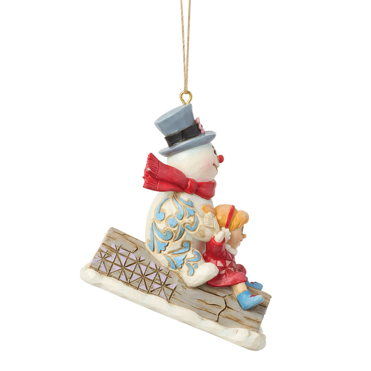 Frosty and Karen in Log Sled Ornament