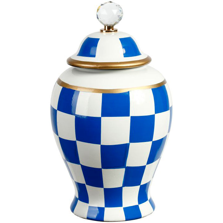 Blue & White Checkered Urn with Lid Medium 13"