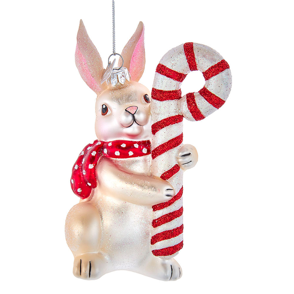 Bunny with Candy Cane Glass Ornament 5.25"