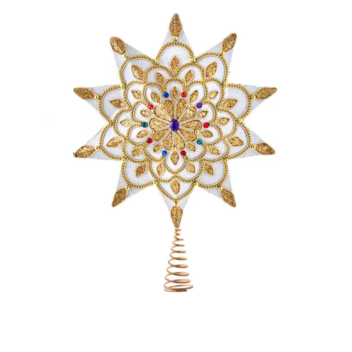 White & Gold Star with Royal Jewels 10 Point Tree Topper 16.5"