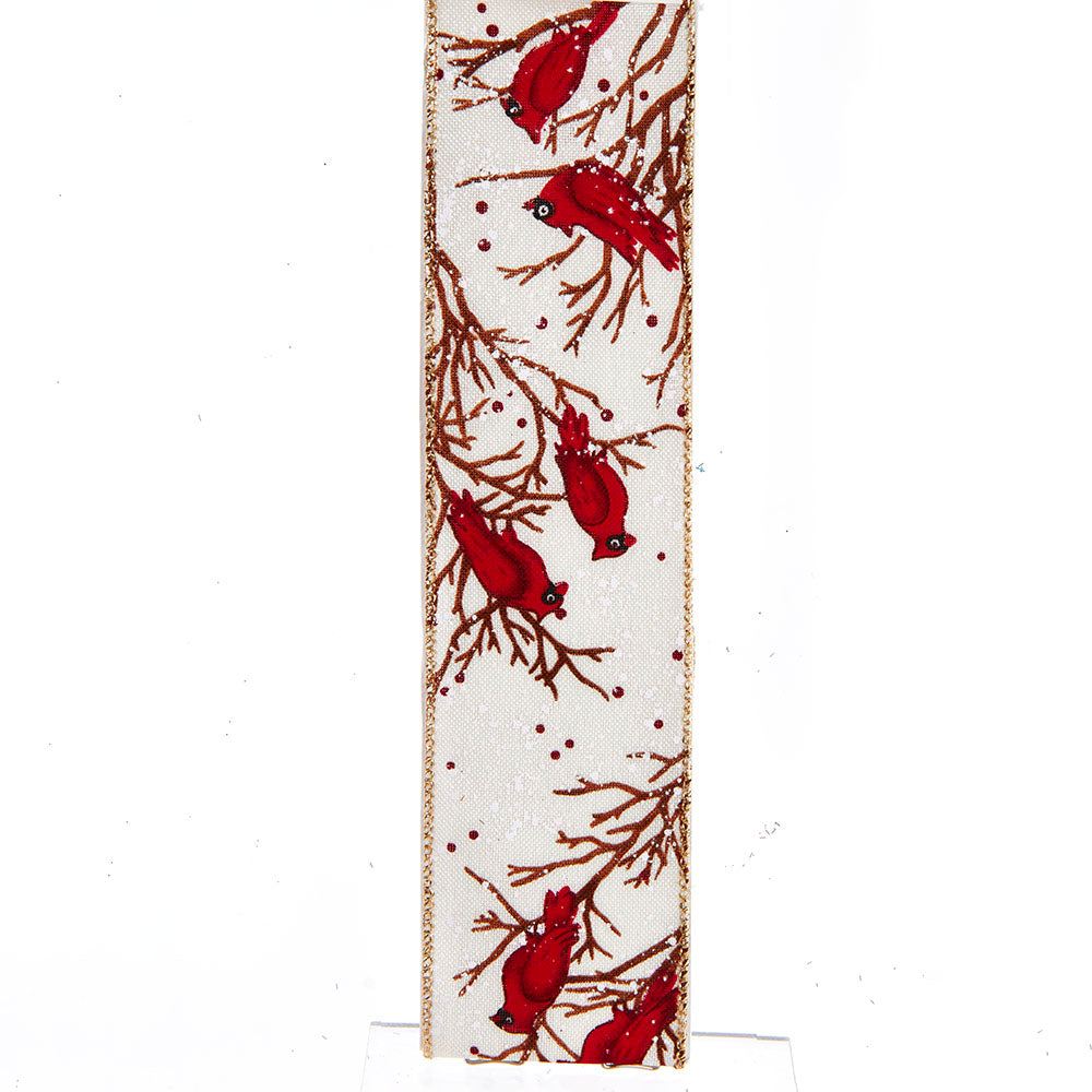 Cardinals on Branch Wired Ribbon 2.5" x 10 Yards