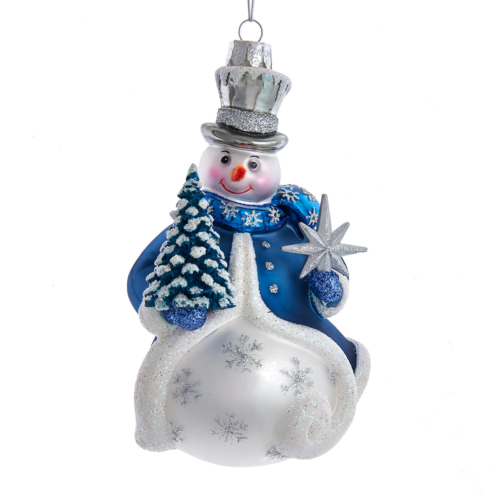 Blue Snowman Glass Ornament 5.5"