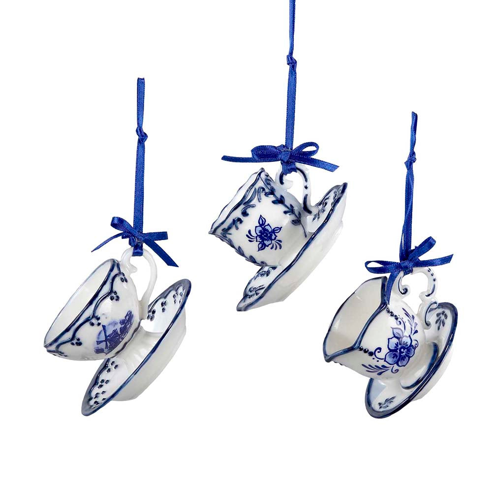Delft Blue Porcelain Tea Cup & Saucer Ornament 2" Set of 3