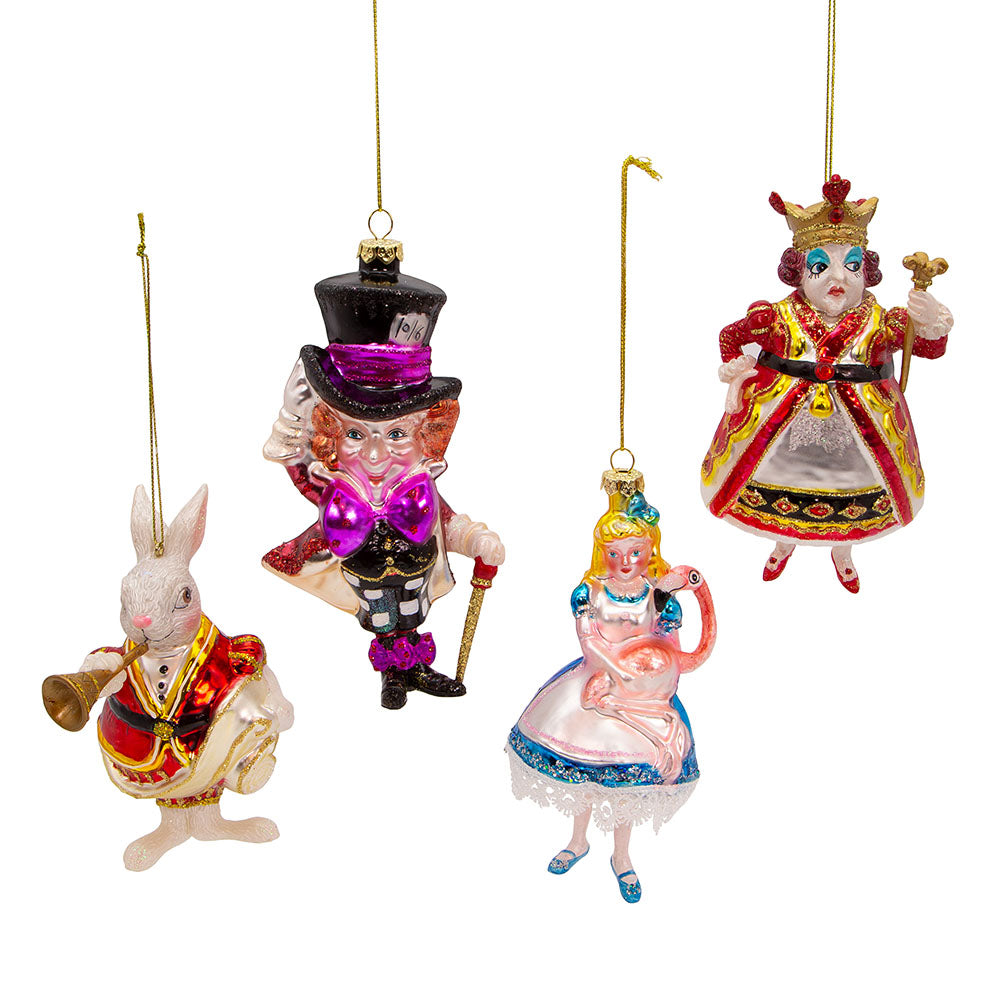Alice in Wonderland & Friends Glass Ornament 5.25" Set of 4