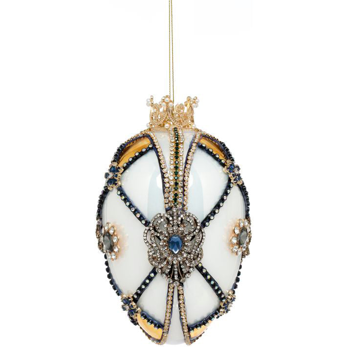 King's Jewels Faberge Jeweled Egg Ornament Ivory and Gold 7"