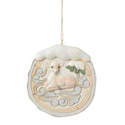 White Woodland Birch Bark Fawn Scene Disk Ornament