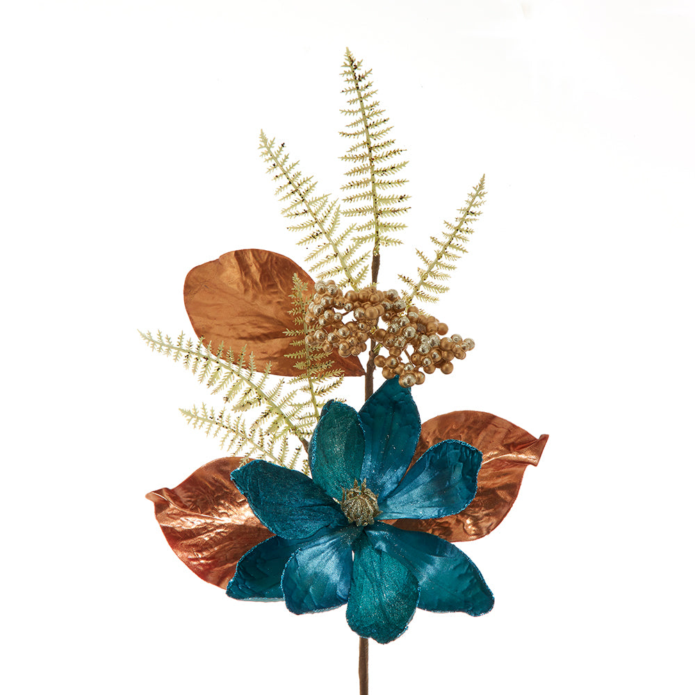Magnolia and Fern Teal Blue and Copper Leaf Spray 9"