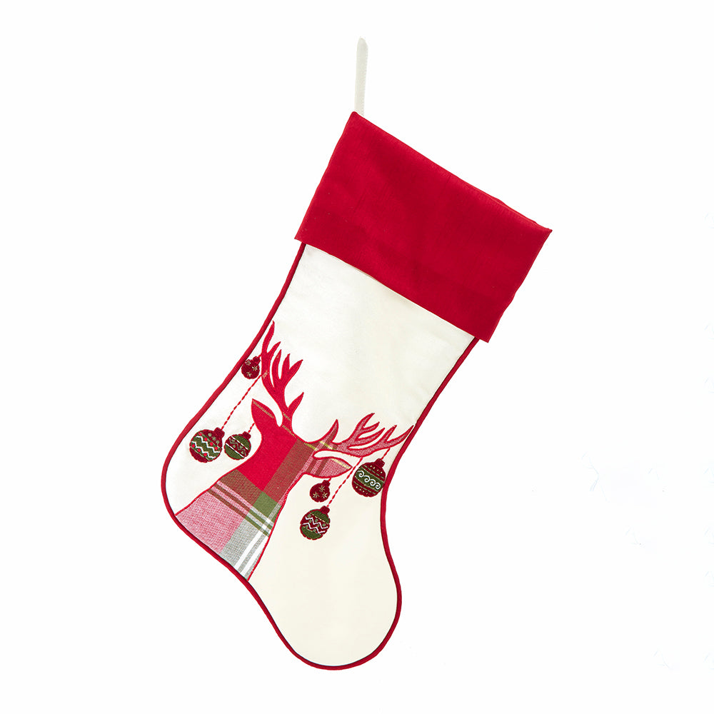Ivory Dupioni With Reindeer Aplique Embroidered Stocking 20"