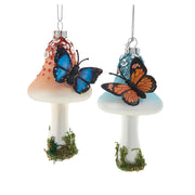 Butterfly On Mushroom Glass Ornaments 4.5" Set of 2