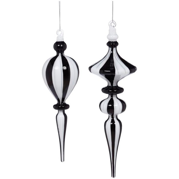Grand Stripes Black and White Finial Ornament 9 and 11" Set of 2