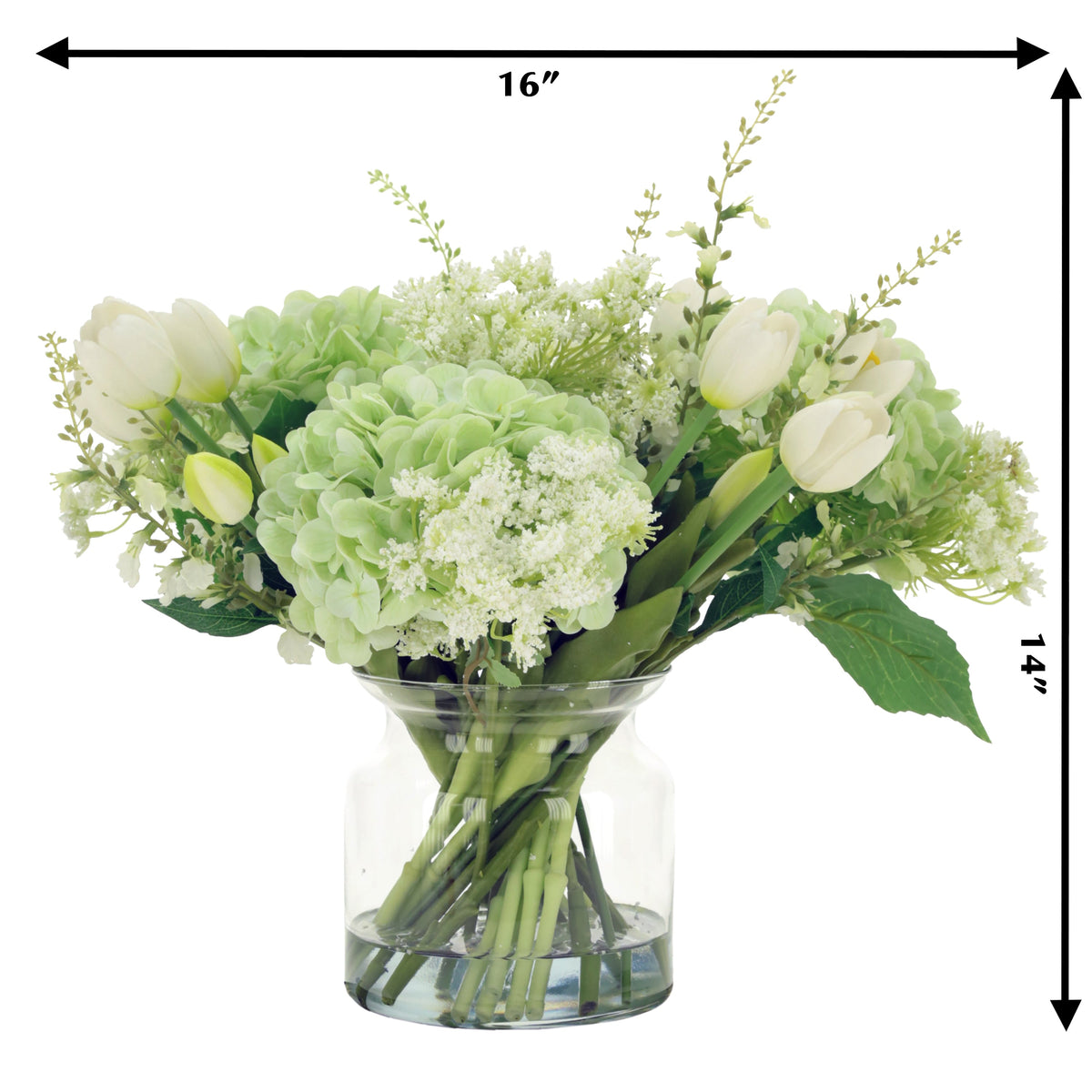 White Tulip and Light Green Hydrangea Arrangement in Glass Jar 14 Inches
