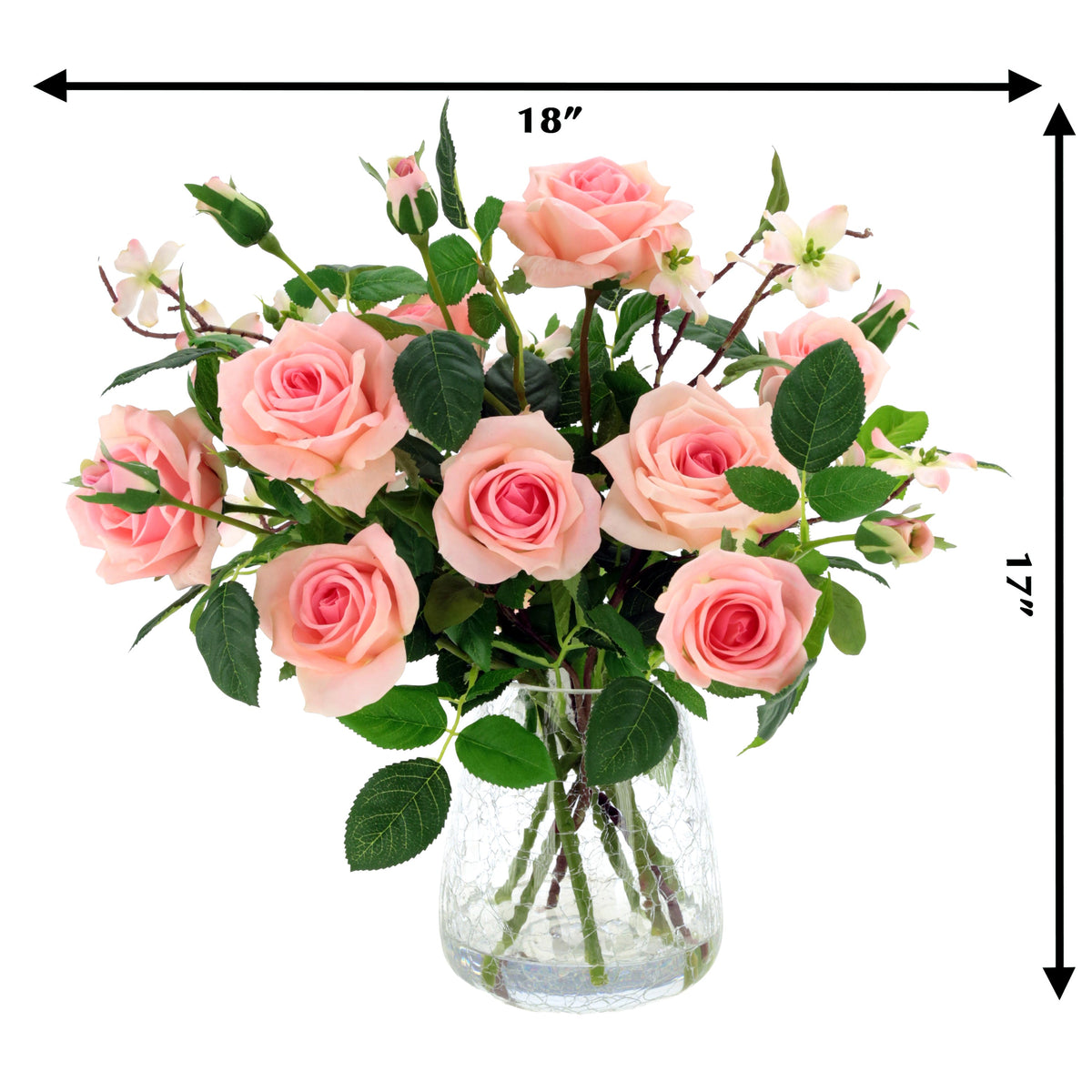 Light Pink Roses in Glass Crackle Vase 17 Inches