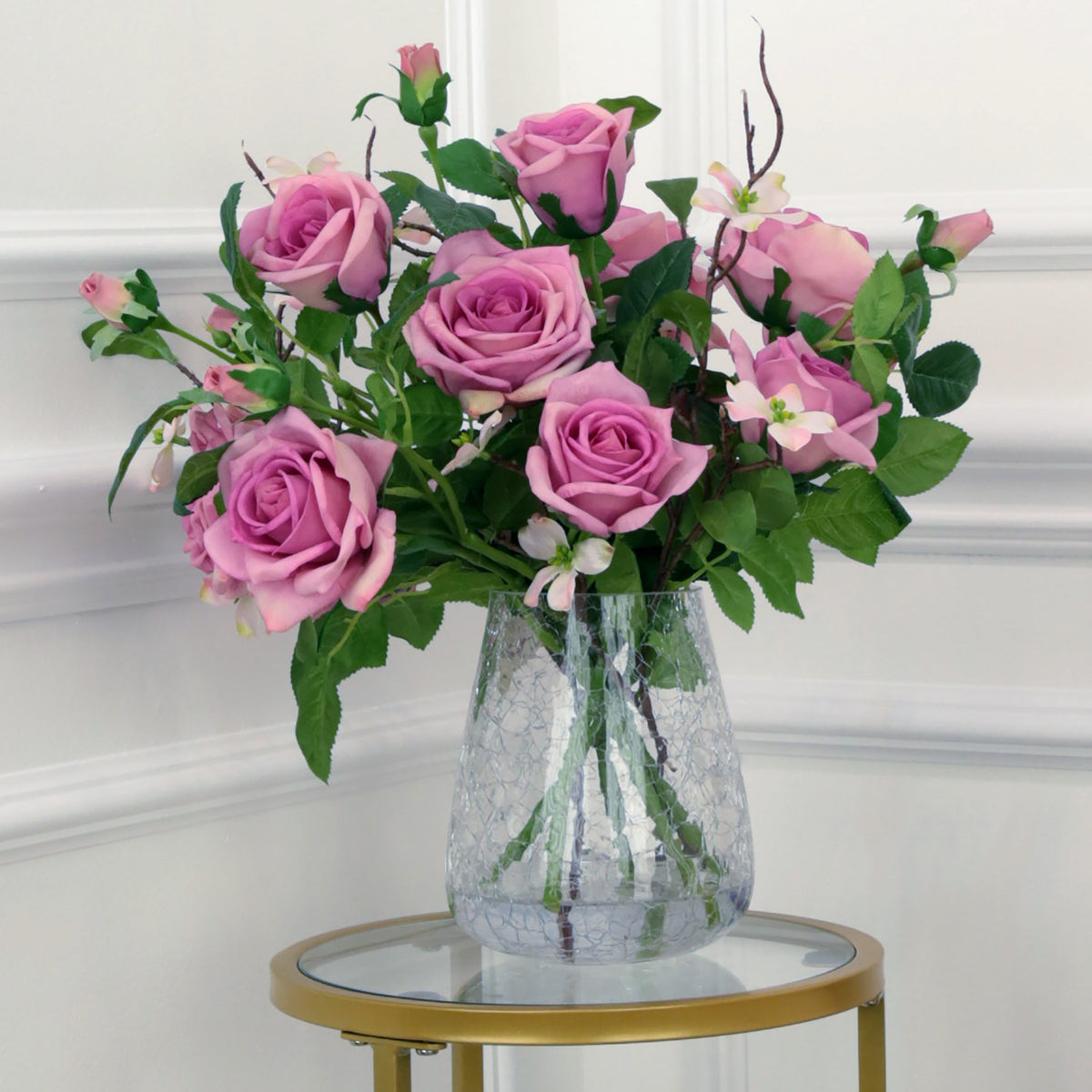 Pink Roses in Glass Crackle Vase 17 Inches