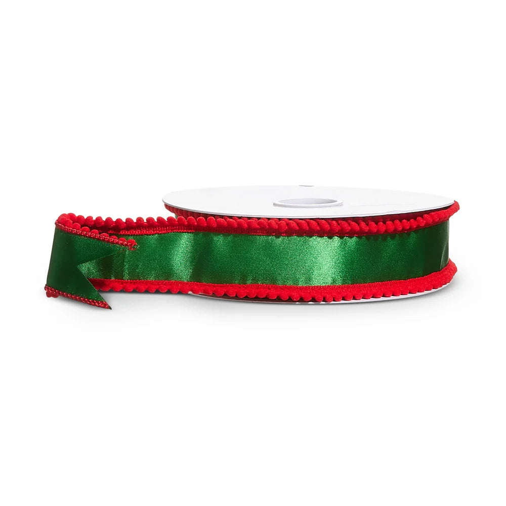Green Satin with Red Pom Pom Edged Wired Ribbon 1.5 Inches x 10 Yards