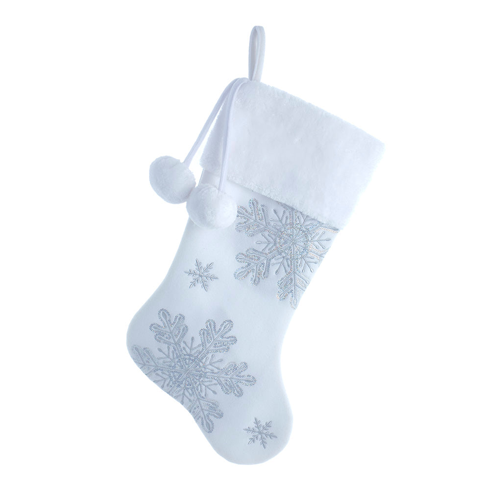 White Velvet Sequined Snowflakes Stocking 20.5"