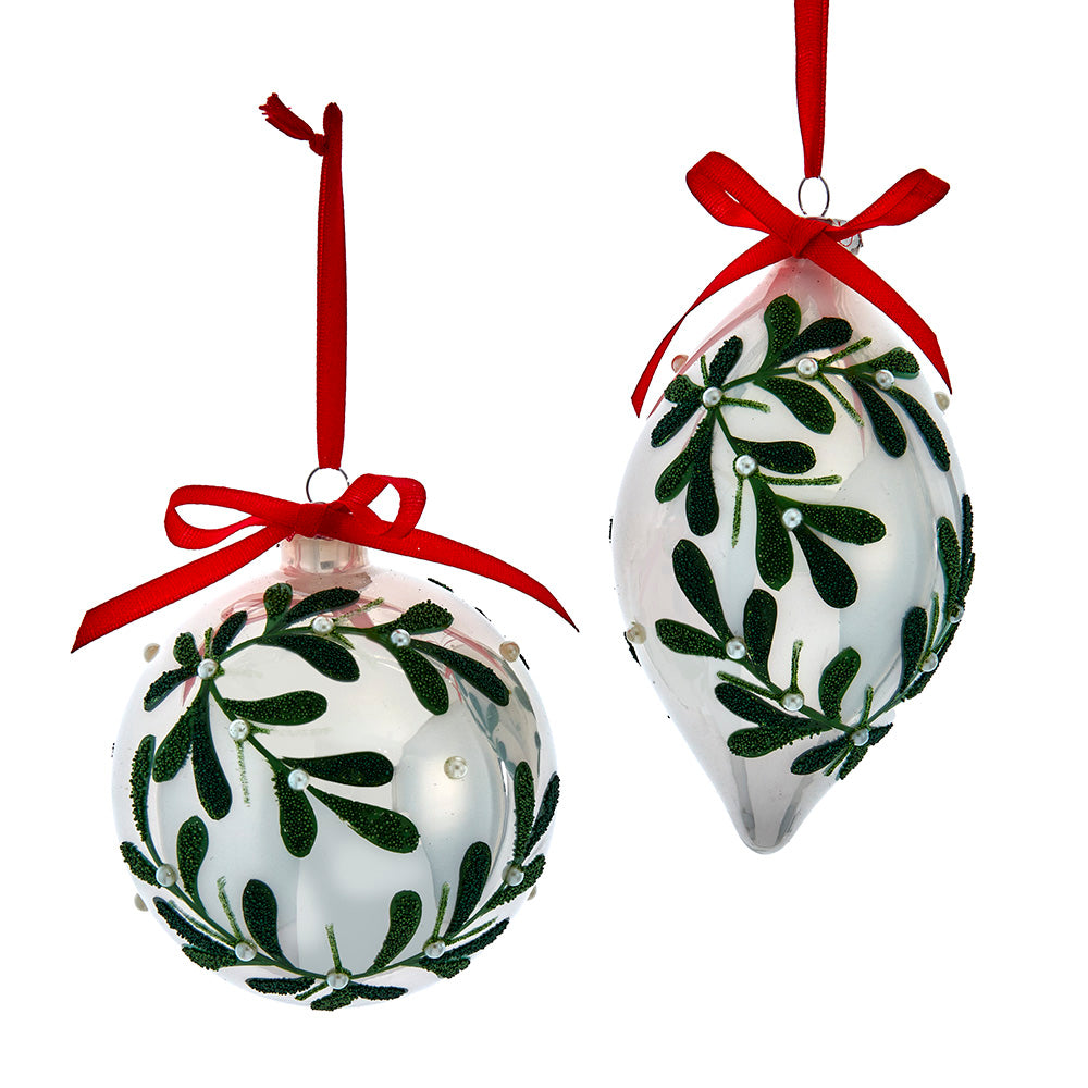 Pearlized White With Mistletoe Design Ball & Drop Glass Ornaments Set of 2