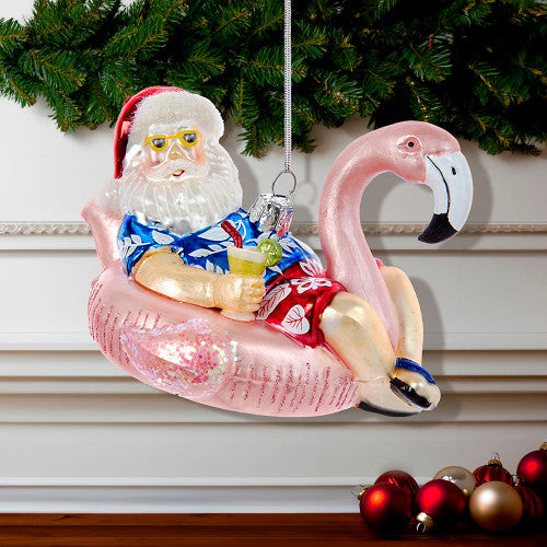Noble Gems Santa with Flamingo Float Glass Ornament 4.5 Inches
