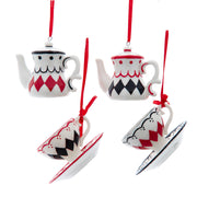 Wonderland Diamond Pattern Teapot and Cup Ornament Set of 4