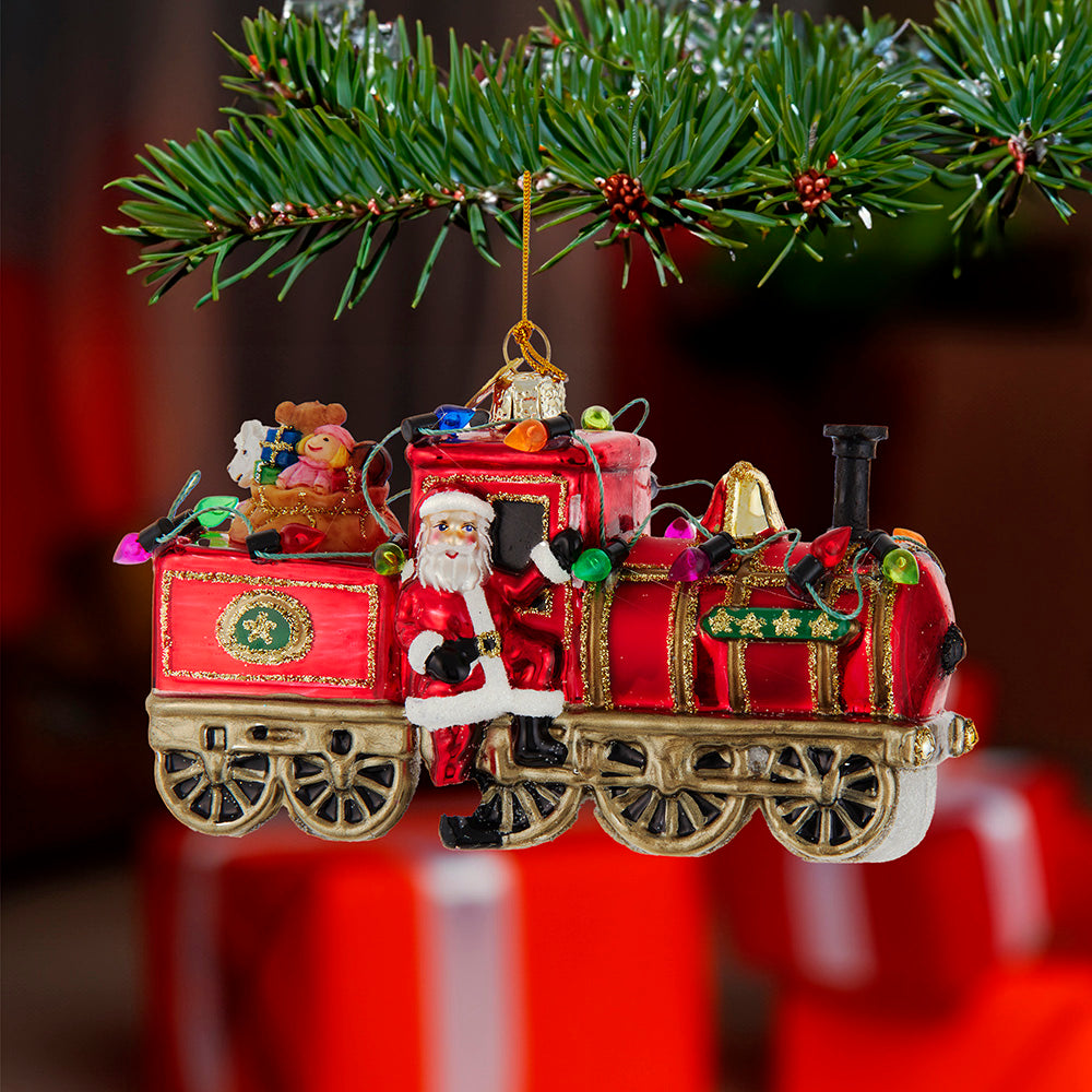 Noble Gems Santa with Train Glass Ornament 5"