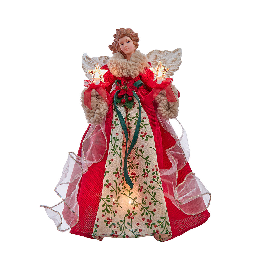 Red and Green Mistletoe Angel Tree Topper 10 Light 14 Inch