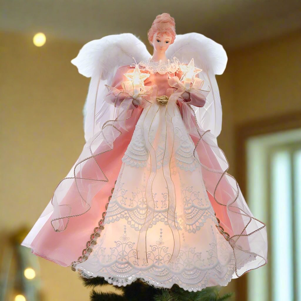Pink and Ivory Angel Tree Topper 10 Light 14 Inches